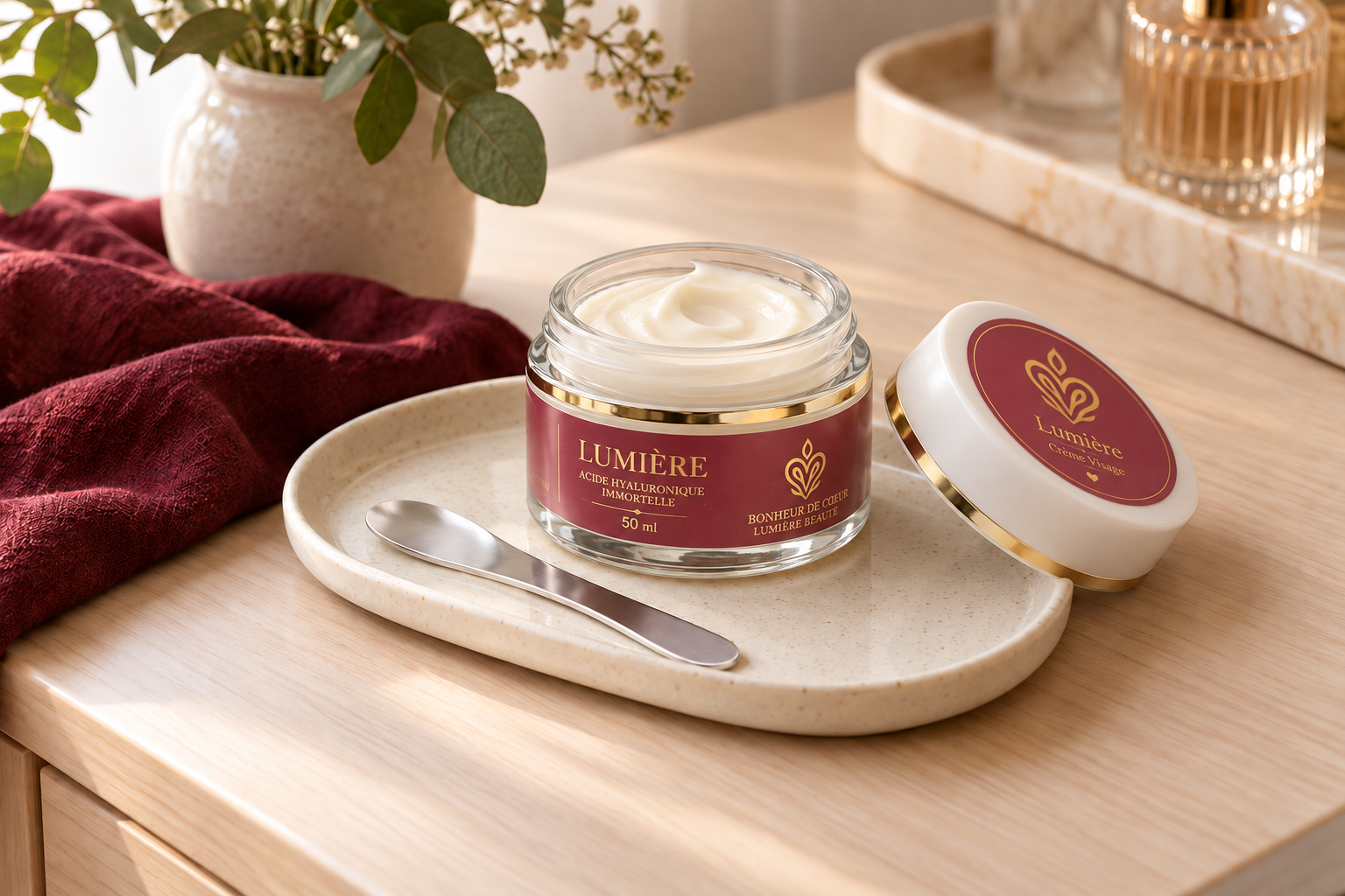 Cremă naturală pentru față și spatulă cosmetică curată pentru aplicare igienică