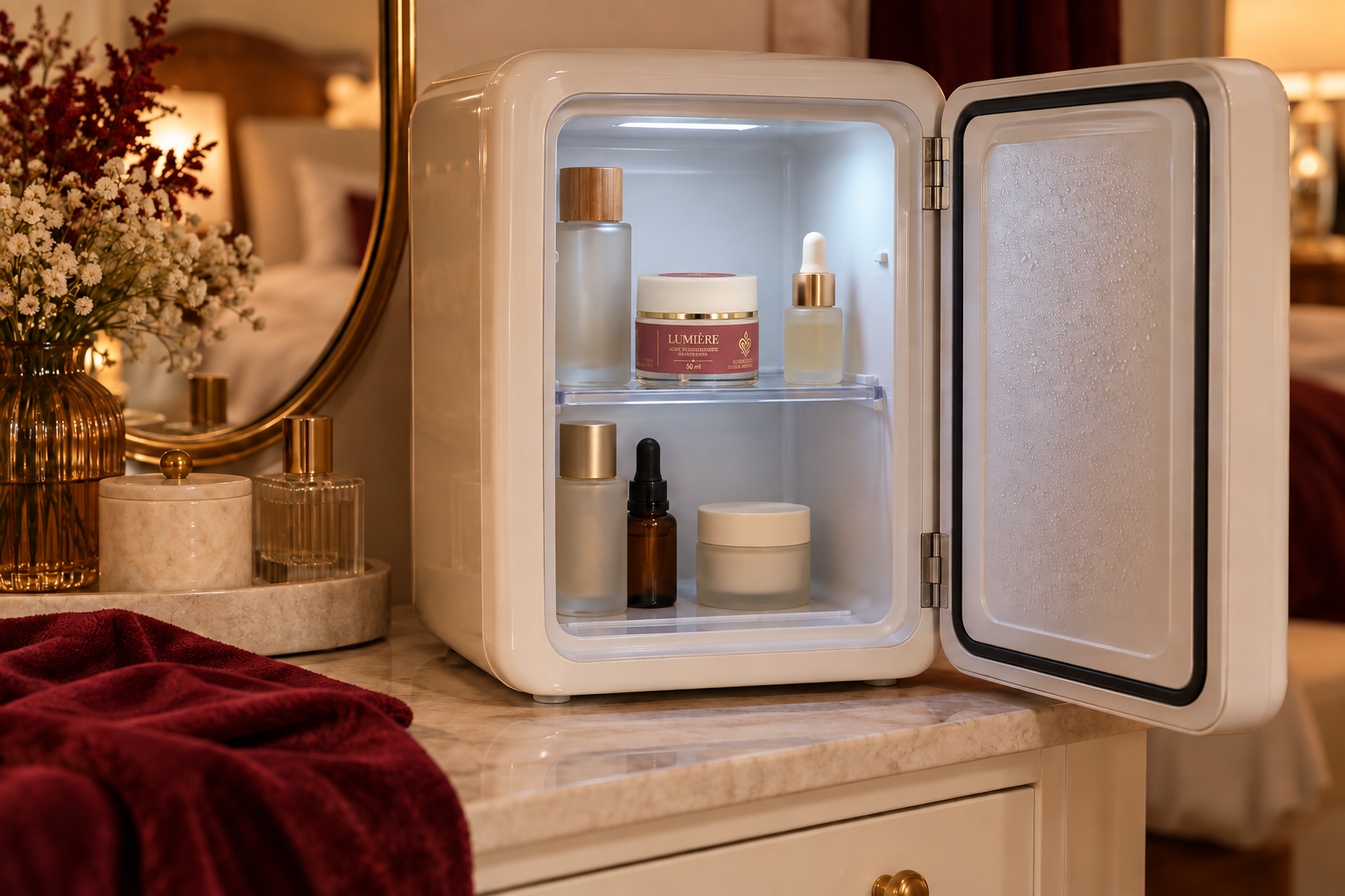 Cremă naturală pentru față păstrată într-un frigider pentru cosmetice