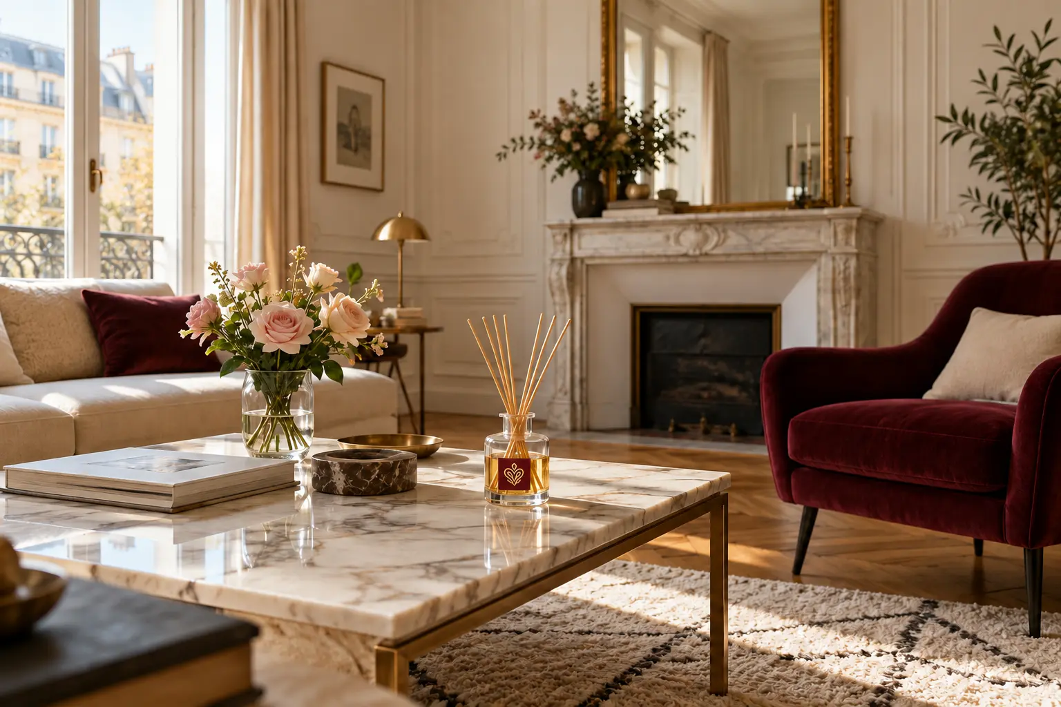 Parfum de ambient cu bețișoare într-un living elegant de inspirație franceză