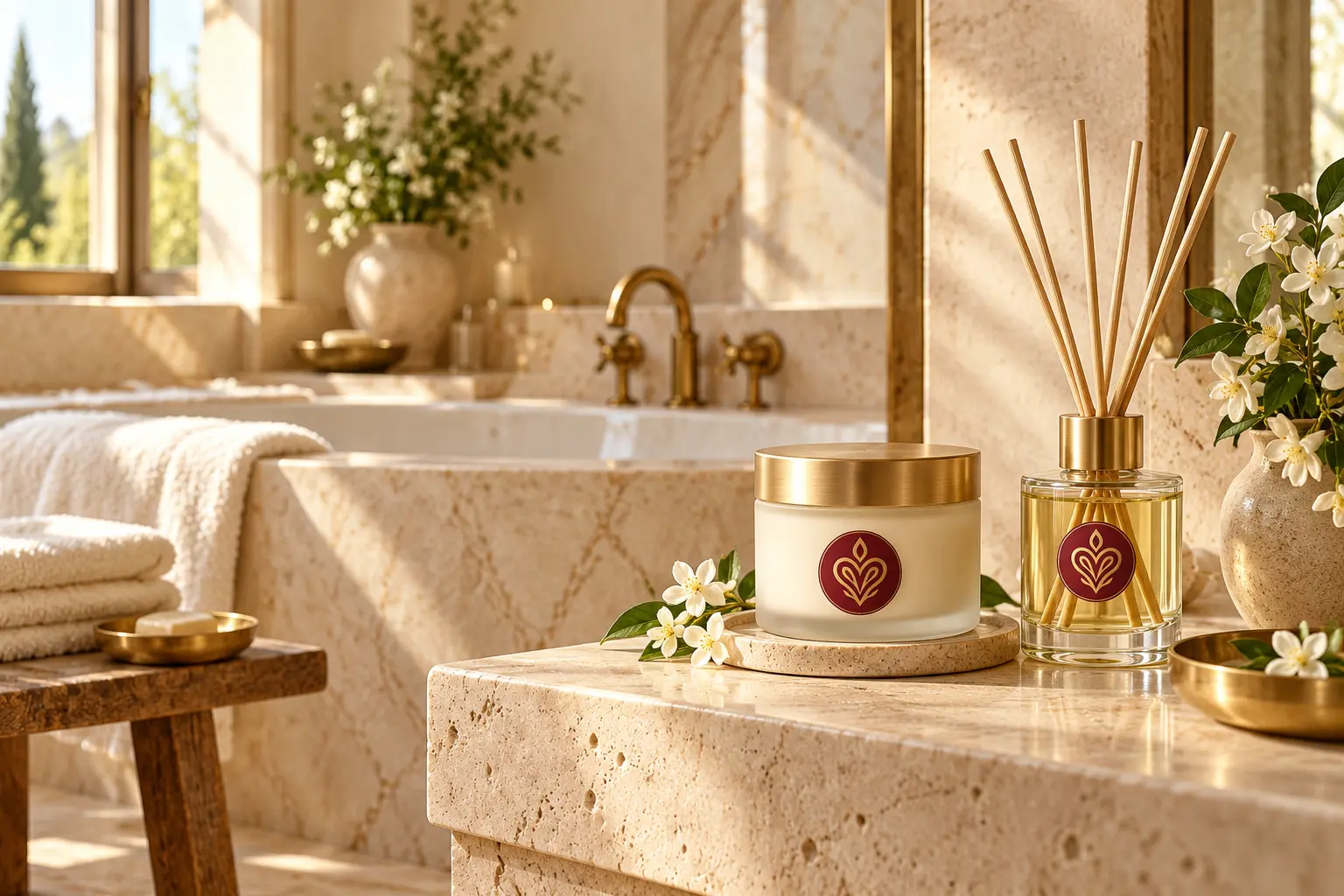 Borcan de cremă și difuzor de ambient într-o baie cu decor din piatră